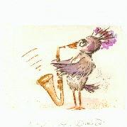 Druckgrafik   Kaltnadelradierung   Vogelhochzeit  Titel : Saxophon  -   hier zum Vollbild klicken