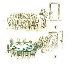 Cartoon Druckgrafik Kaltnadel   Titel : Die Sitzung - hier zum vergrern klicken