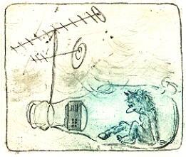 Cartoon   Druckgrafik   Vernis mou  Titel : Flaschenteufelchen  -   hier zum vergrern klicken